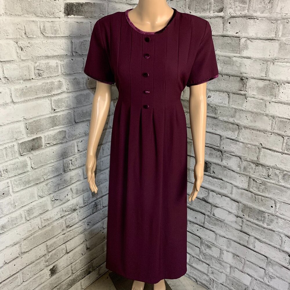 Vintage Midi Dress 10P Burgundy Velvet Trim Buttons Short Sleeve Tie Back Modest